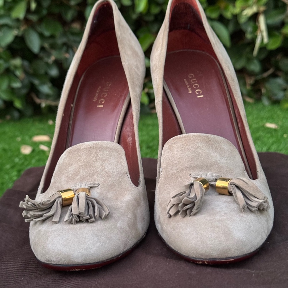 Gucci Women's Taupe Suede Tassel Heels